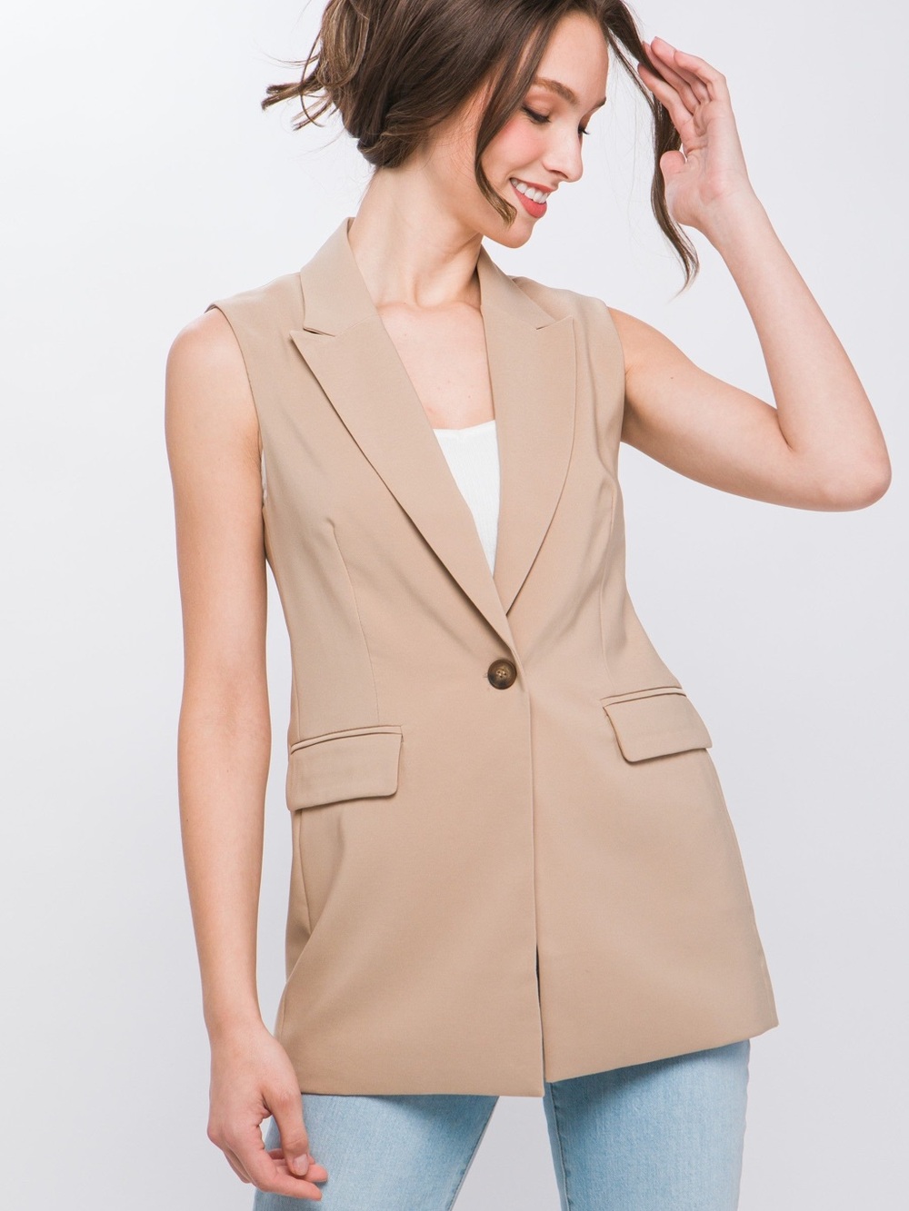 Love Tree Sleeveless Blazer Vest in Beige